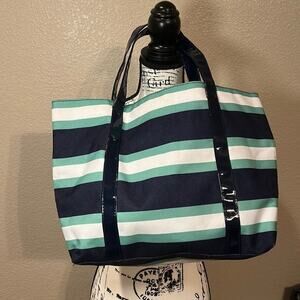 Estee Lauder navy & teal stripped leather strap tote